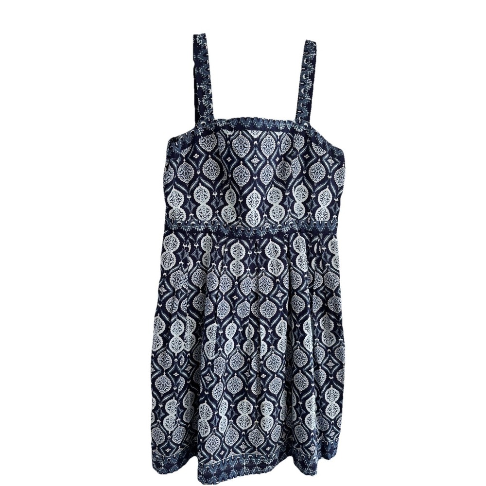 IVANKA‎ TRUMP Sun Dress Size 14 Navy Geometric Cotton Blend Nautical Preppy